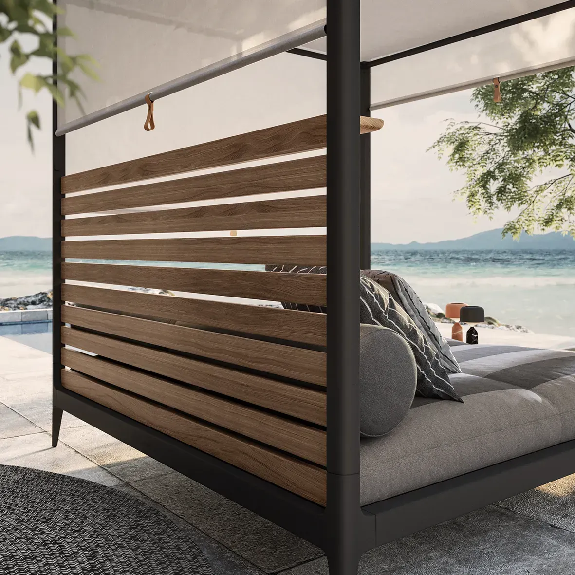 close up of grid cabana showing detail of teak slats aluminium frame and screen