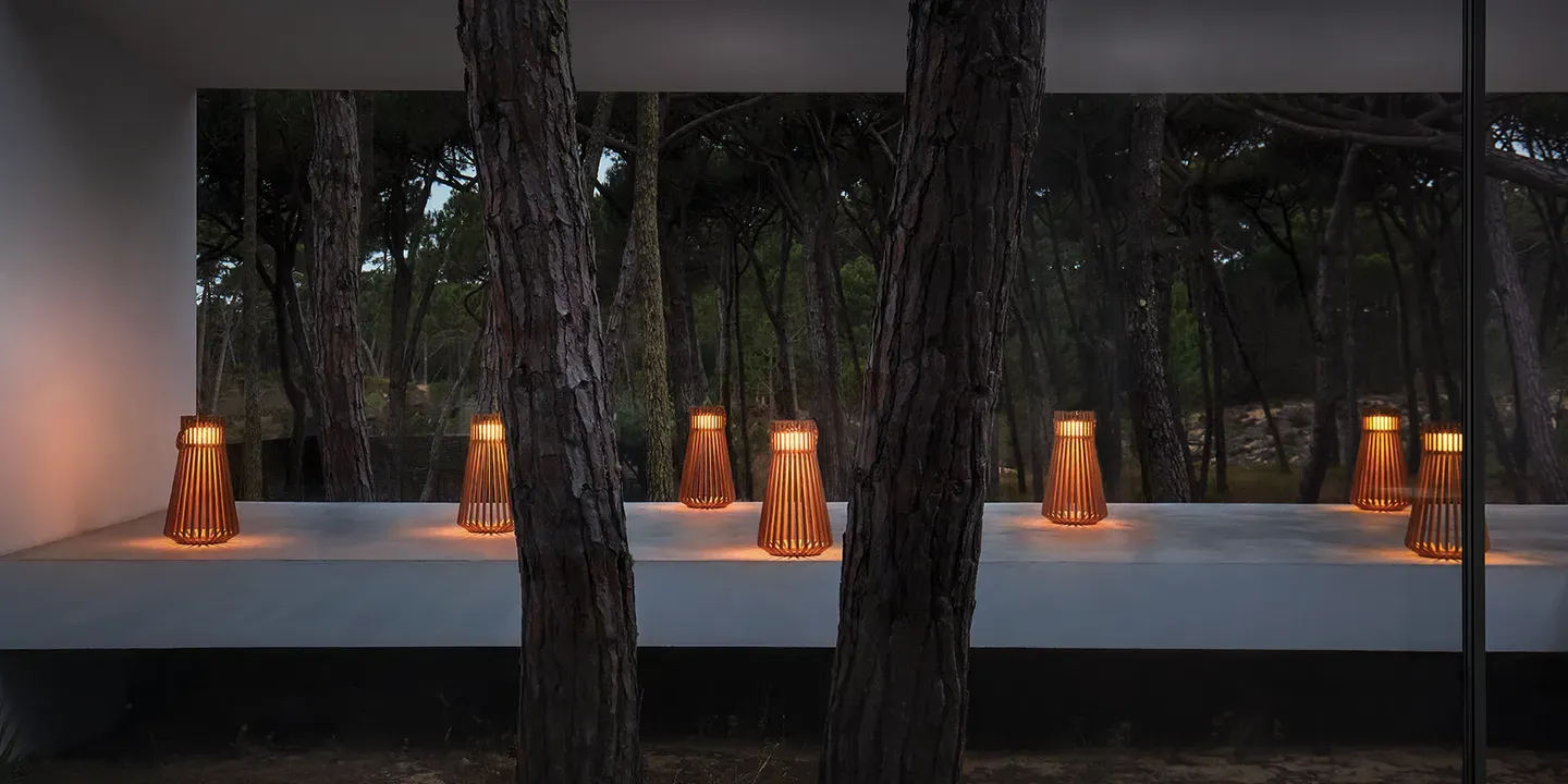 seven ray lanterns in an evening setting